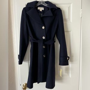 Michael Kors wool blend navy blue dress coat with detachable hood